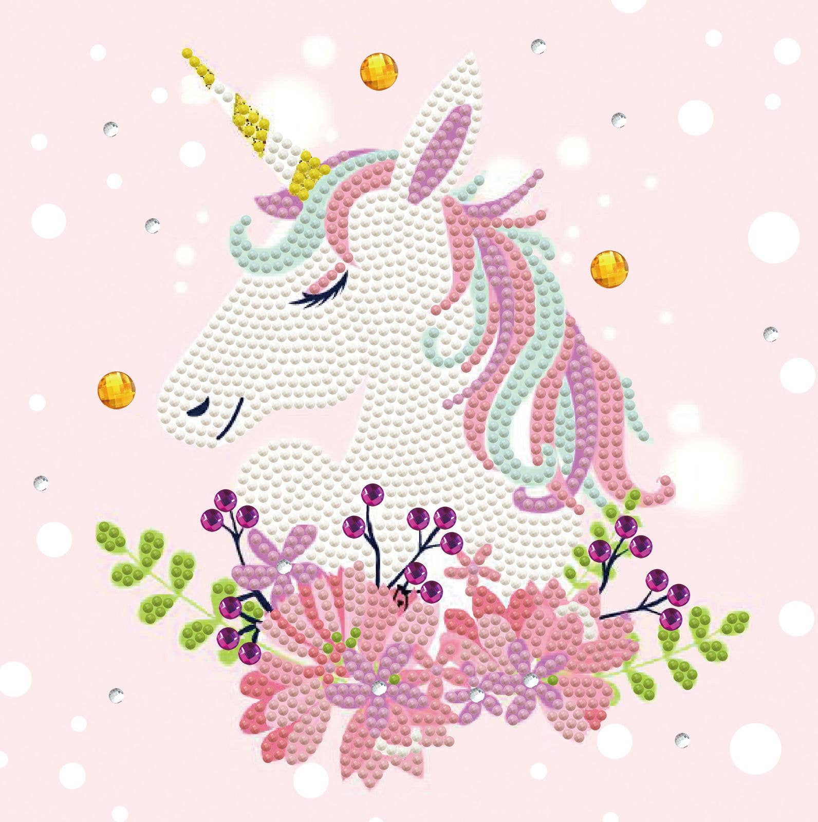 Unicorn and floral design made with colorful beads on a pink polka dot background