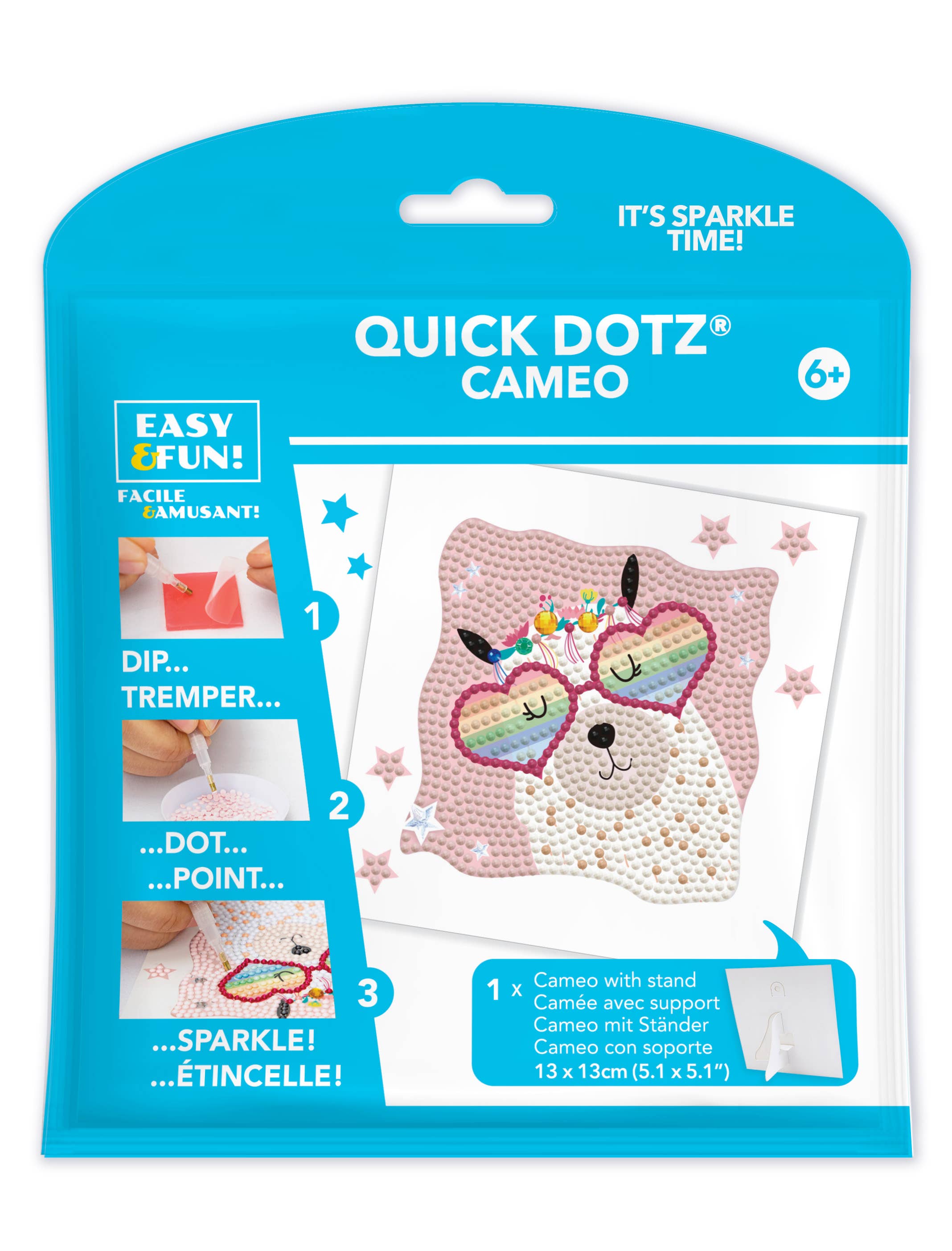 Quick Dotz Cameo craft kit packaging with a bear design and step-by-step instructions.