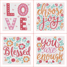 Four motivational phrases with floral designs on a white background