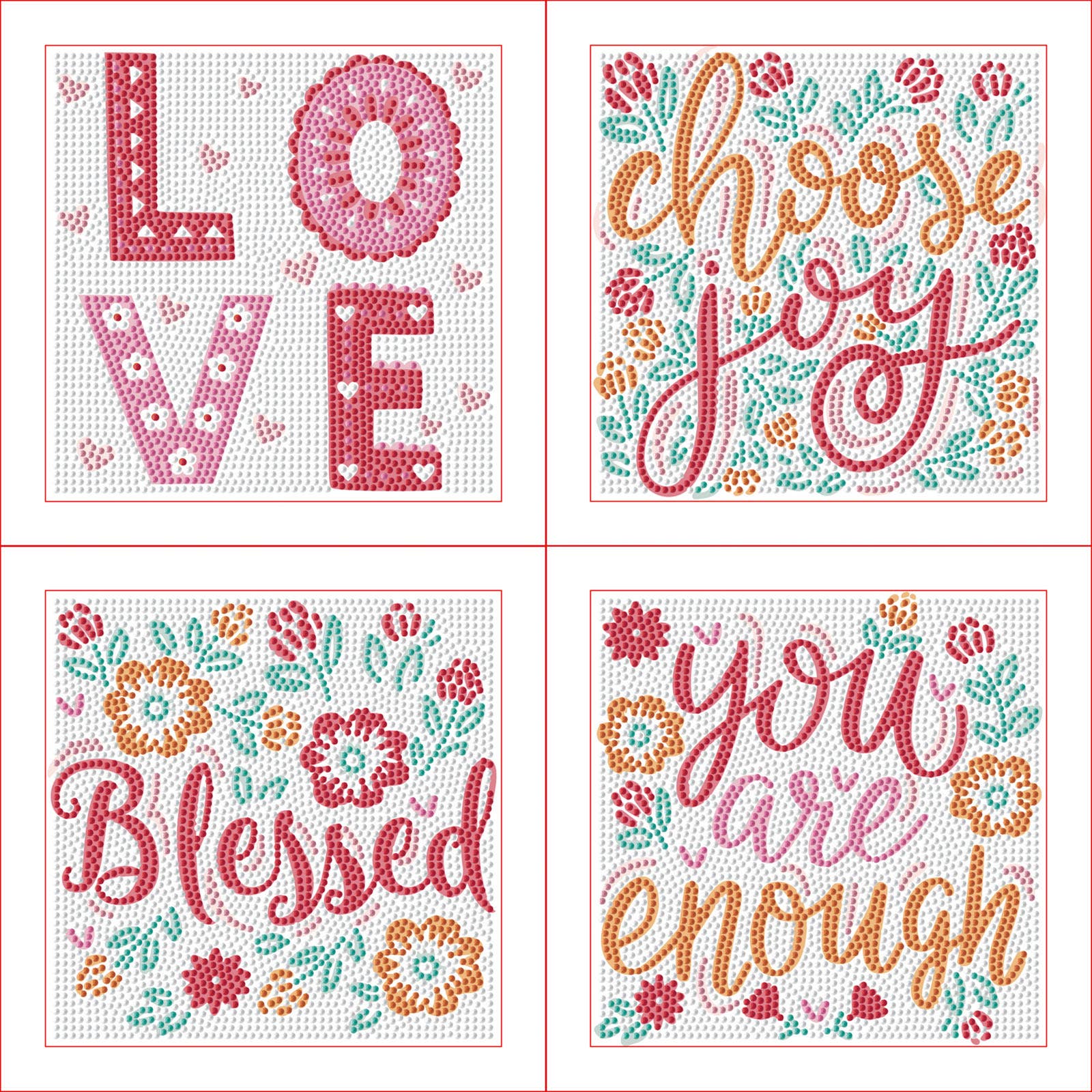 Four motivational phrases with floral designs on a white background