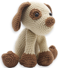 Knitted dog toy with brown and beige colors on a white background