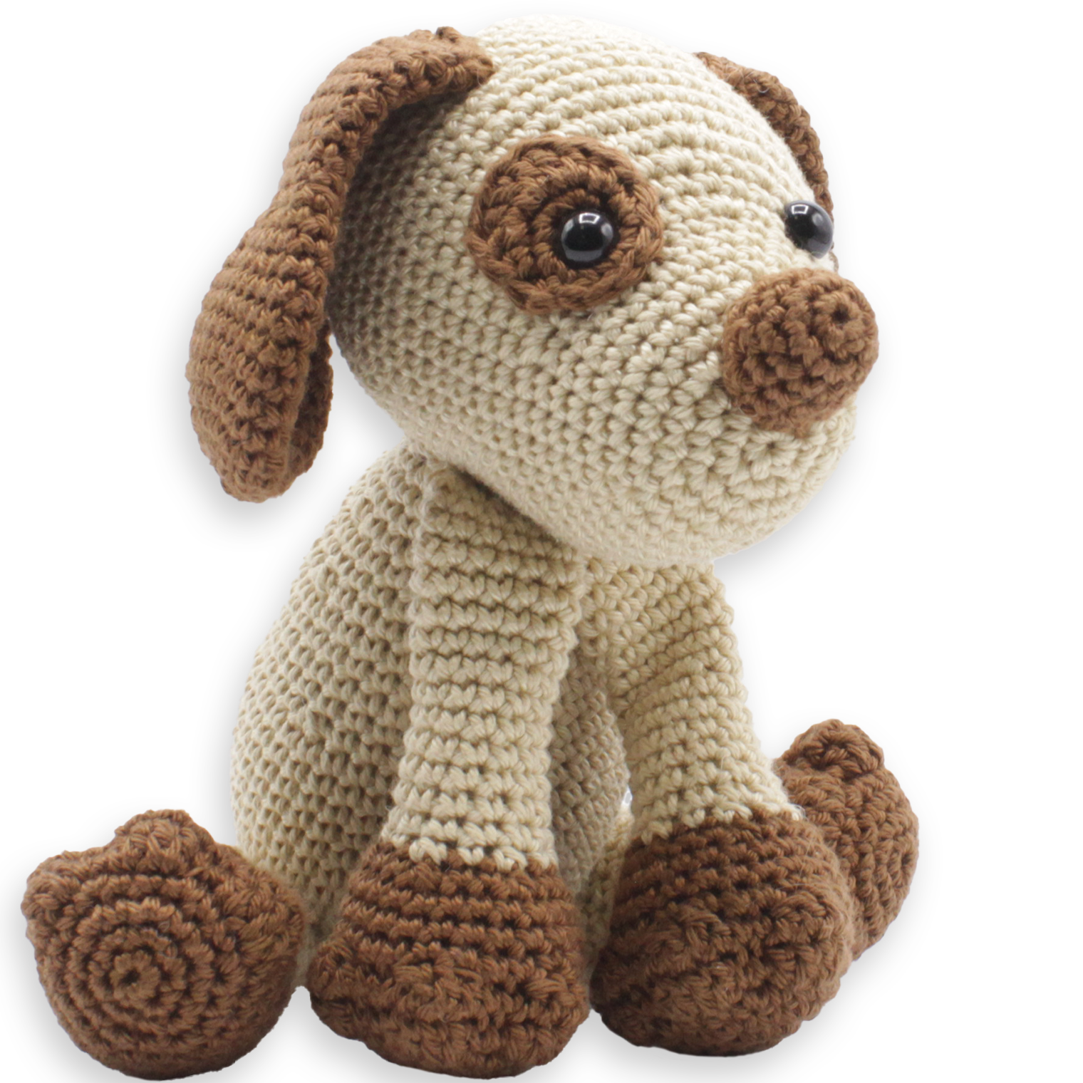 Knitted dog toy with brown and beige colors on a white background