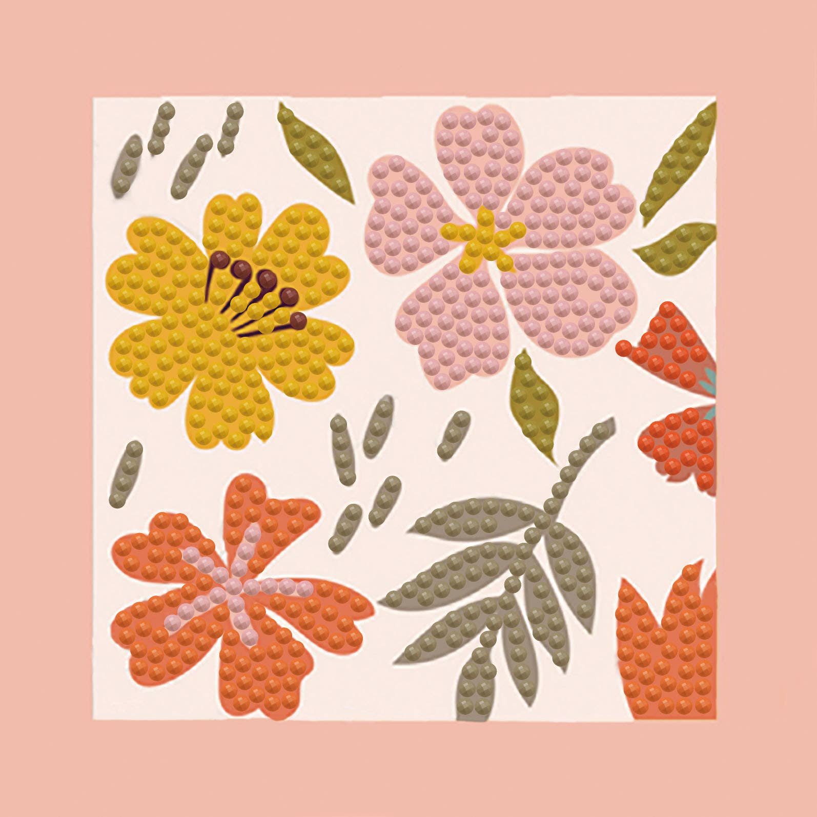 Floral pattern with yellow, pink, and orange flowers on a light pink background