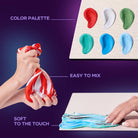 Hands playing with colorful slime, showing a color palette and mixing process on a purple background.