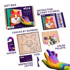 Canvas by numbers kit with fox design, color pallets, and hand with colorful paint.