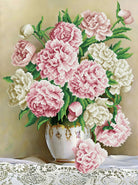 Cross-stitched pattern of a bouquet of pink and white flowers in a vase on a beige background.