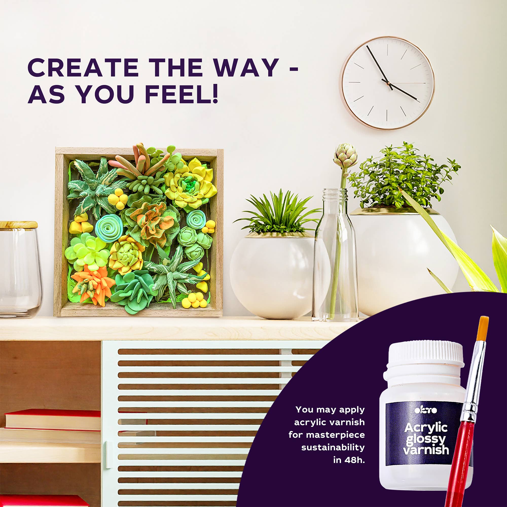 Decorative wall art with plants, a clock, and acrylic paint with brush on a shelf.