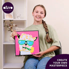 Person holding a colorful art piece with okto sensory art branding