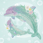 Decorative diamond painting of two dolphins on a light blue background with bubbles.