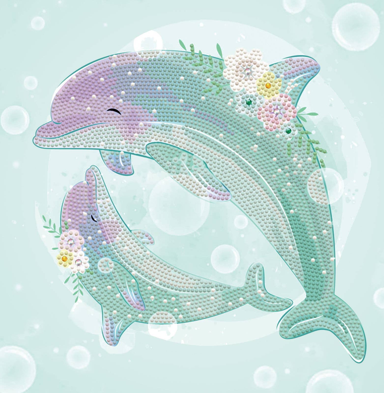 Decorative diamond painting of two dolphins on a light blue background with bubbles.