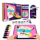 Okto sensory art kit with packaging, paint bottles, and a child's hand holding a completed artwork.