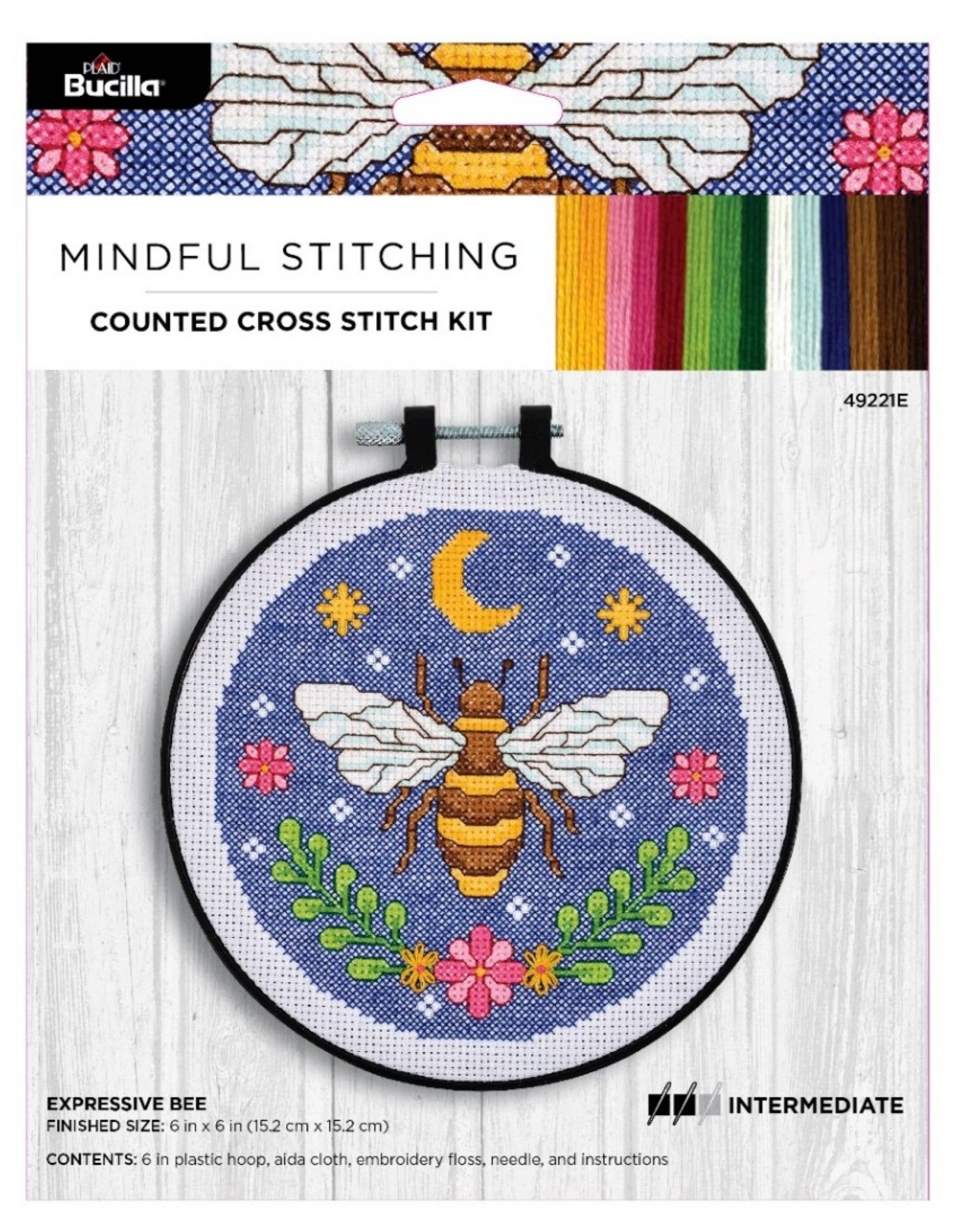 Bucilla Mindful Stitching counted cross stitch kit with bee design on packaging