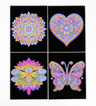 Four colorful mandala designs on a black background