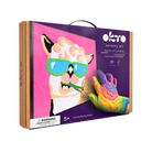 Okto sensory art kit packaging with llama illustration and colorful handprint on pink background