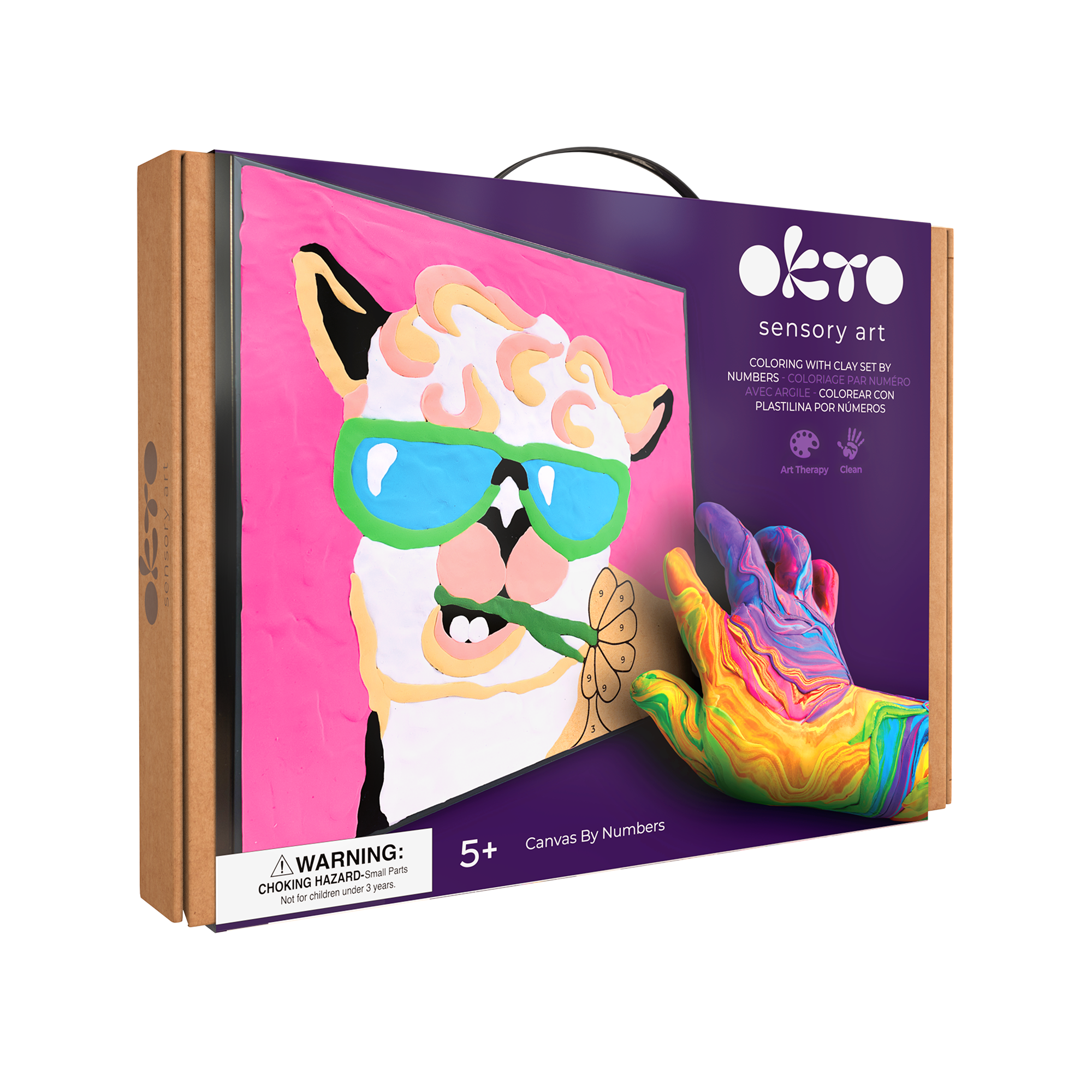 Okto sensory art kit packaging with llama illustration and colorful handprint on pink background
