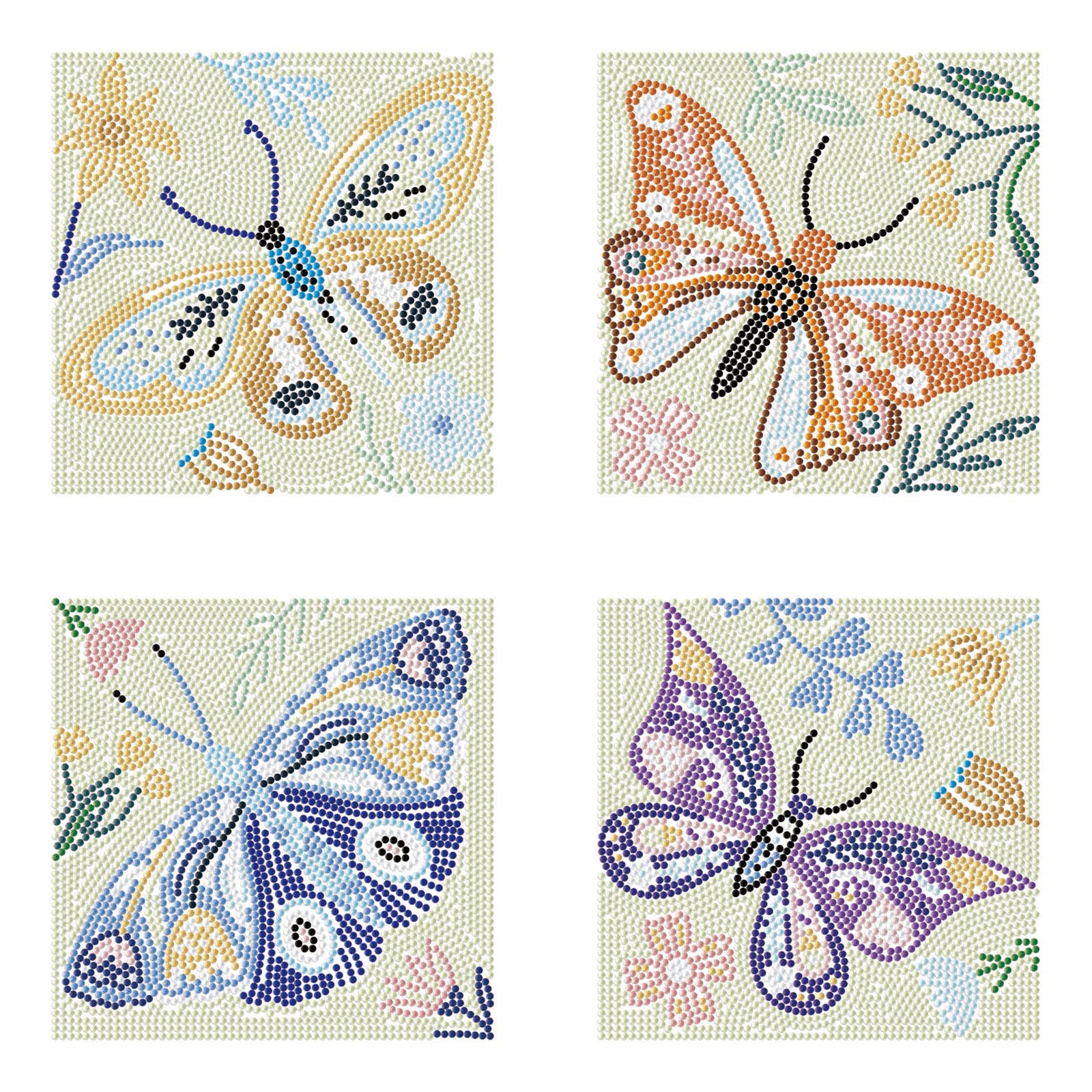 Four colorful butterfly illustrations on a white background