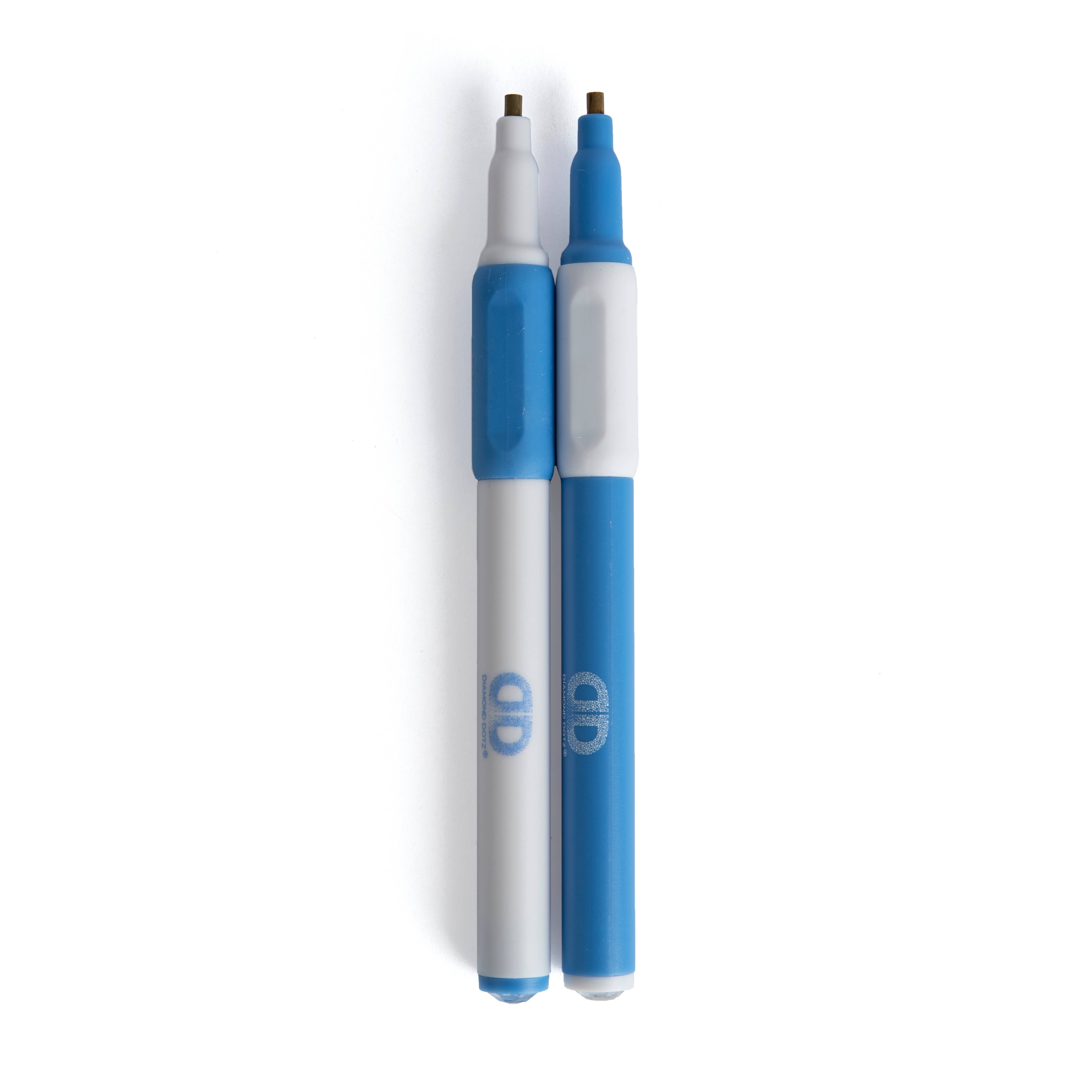 Two blue and white pens with a visible brand logo on a white background