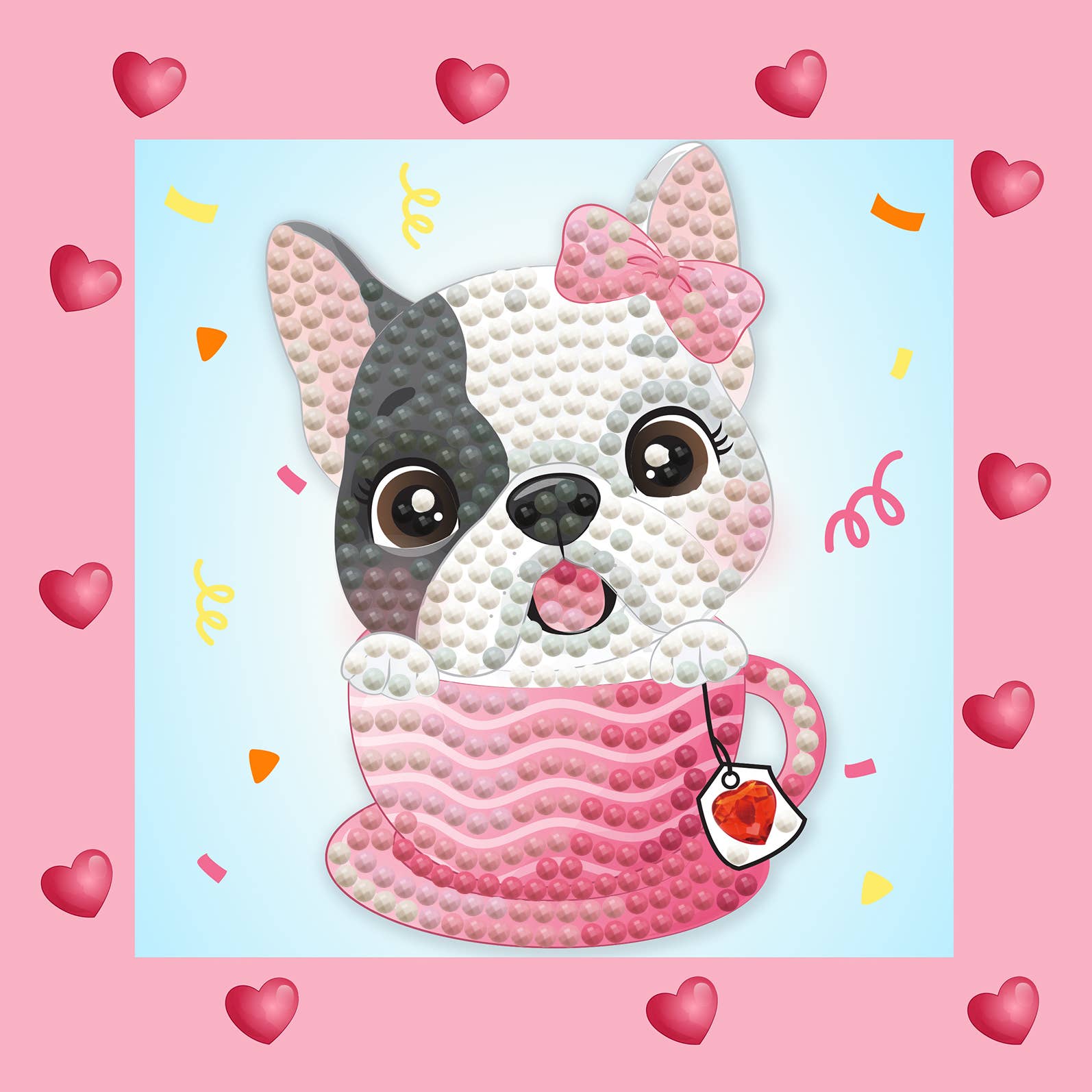 Cute dog in a pink teacup with a bow on a pink background