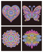 Four colorful mandala designs on a black background