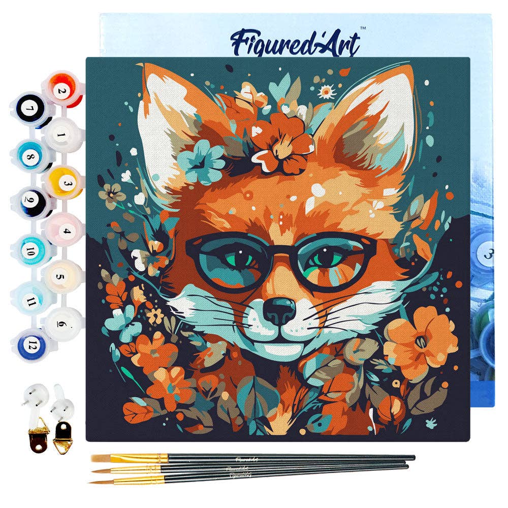 Coloring book with a fox wearing glasses surrounded by flowers, paint markers, and brushes on a white background.