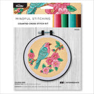 Bucilla mindful stitching counted cross stitch kit with a bird and floral design on a white background