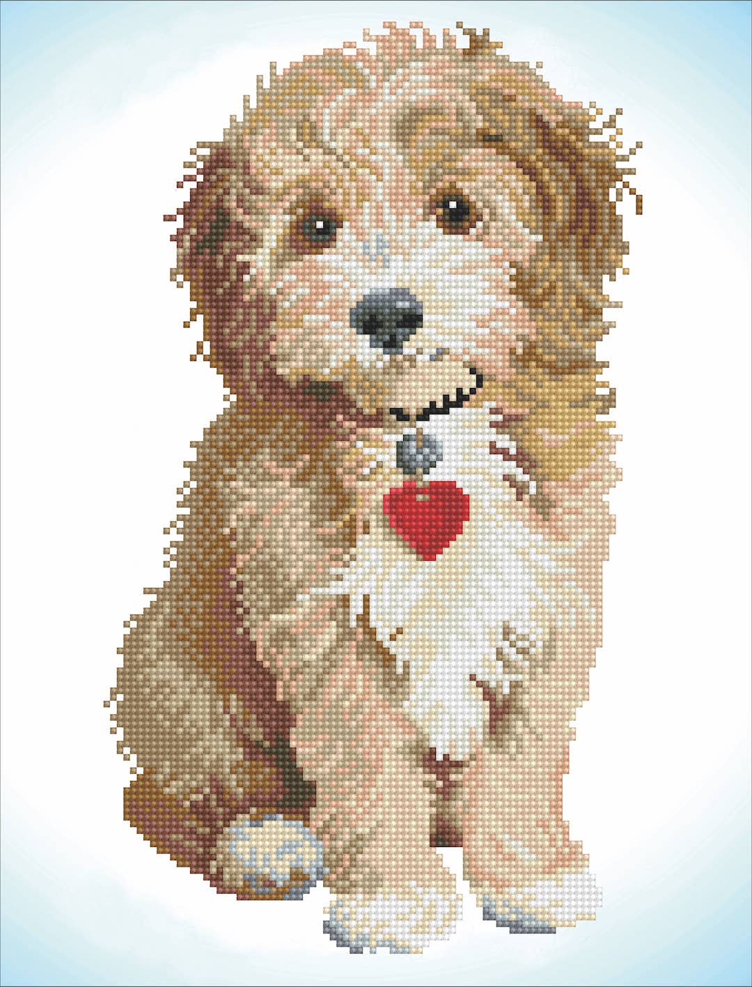 Cross-stitched dog with a heart-shaped tag on a light blue background