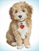 Cross-stitched dog with a heart-shaped tag on a light blue background