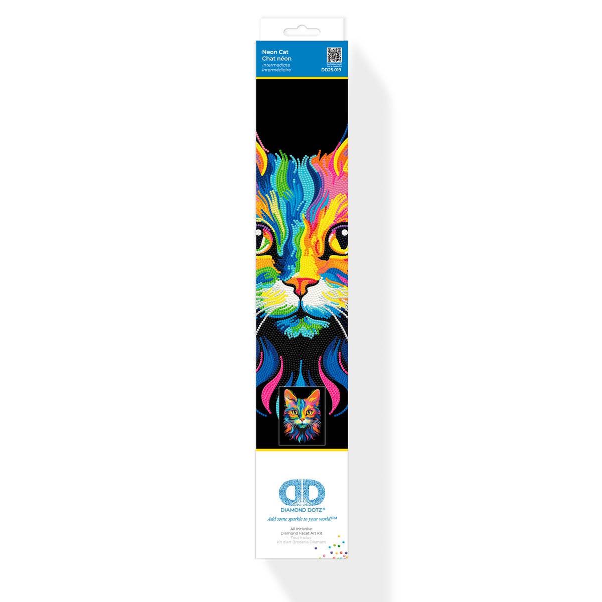 Packaging of a diamond painting kit with a colorful cat design on a white background