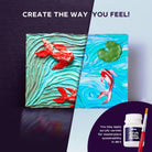Two art pieces with fish designs on a dark and light purple background, accompanied by acrylic paint and brush.