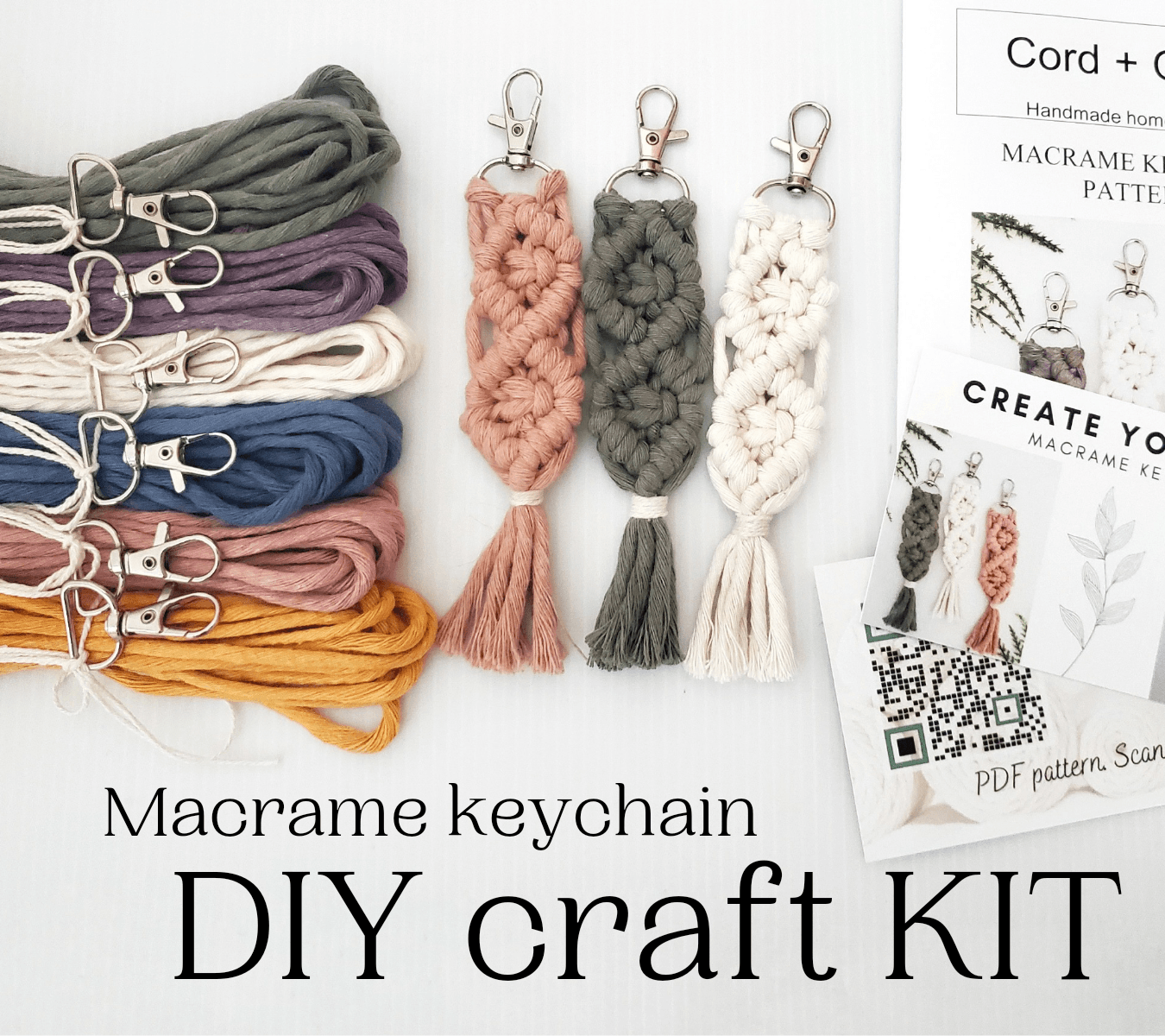 Macrame keychain DIY craft kit with colorful cords and a pattern guide on a white background.