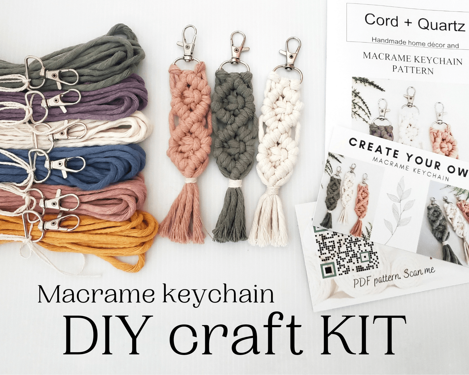 Macrame keychain DIY craft kit with colorful cords and a pattern guide on a white background.