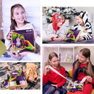 Collage of children with 'Little Worlds' product, including a girl holding a box and two children reading together.