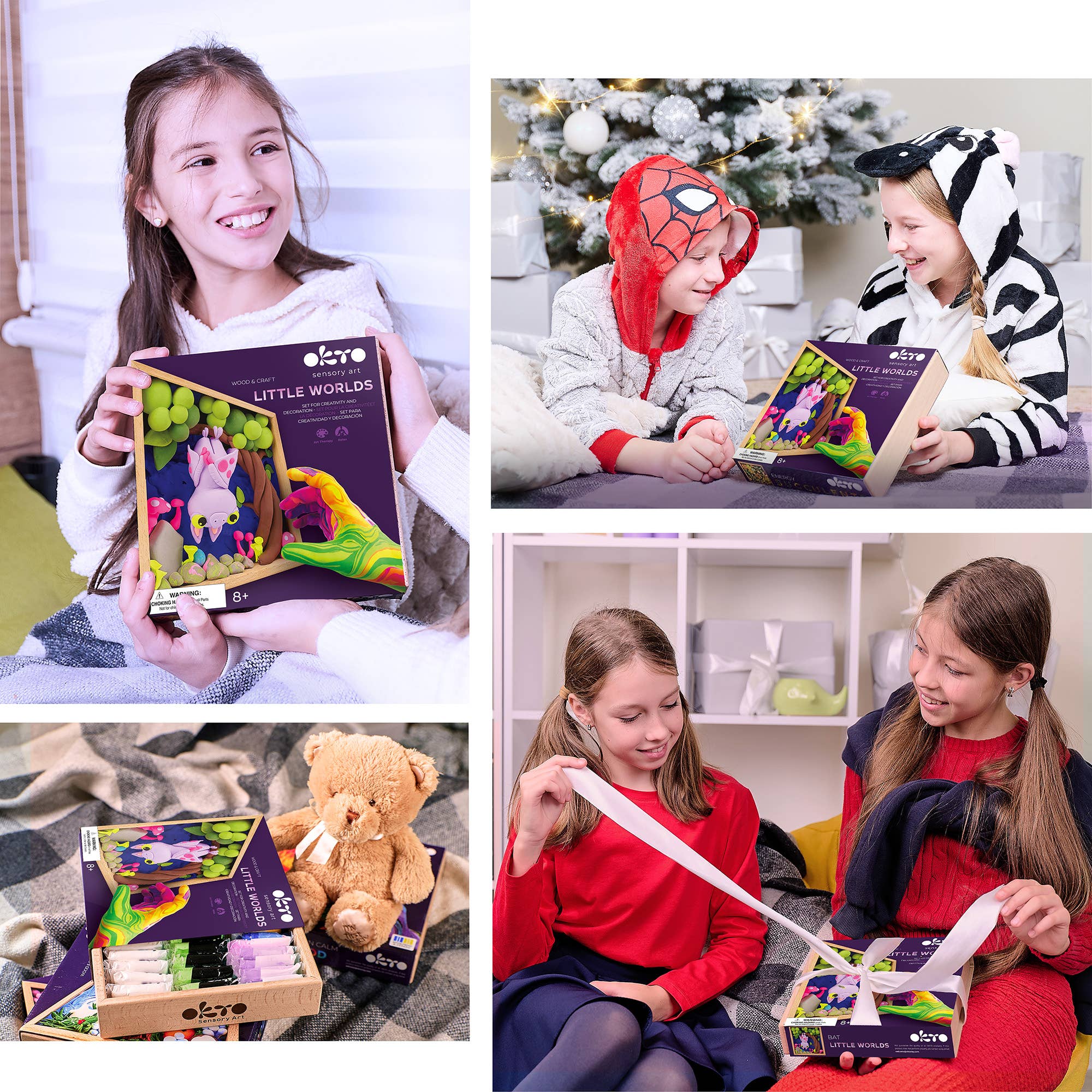 Collage of children with 'Little Worlds' product, including a girl holding a box and two children reading together.