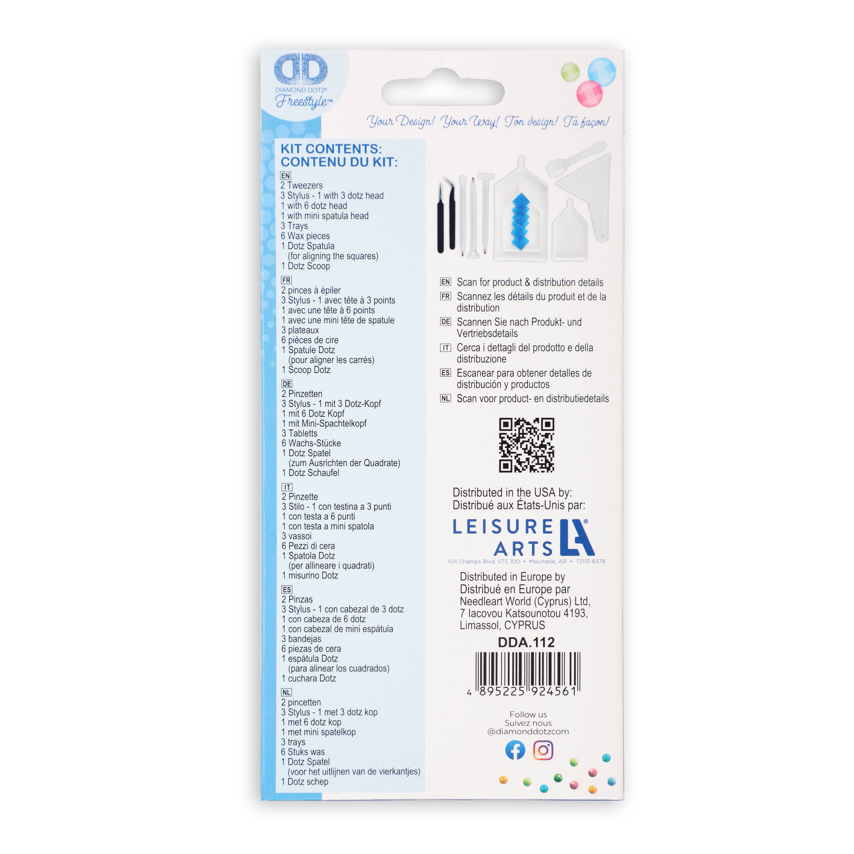 Leisure Arts needlework kit packaging with product details on a white background