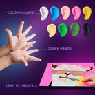 Color palette with playdough colors, a hand, and a child's hands holding playdough on a purple background.