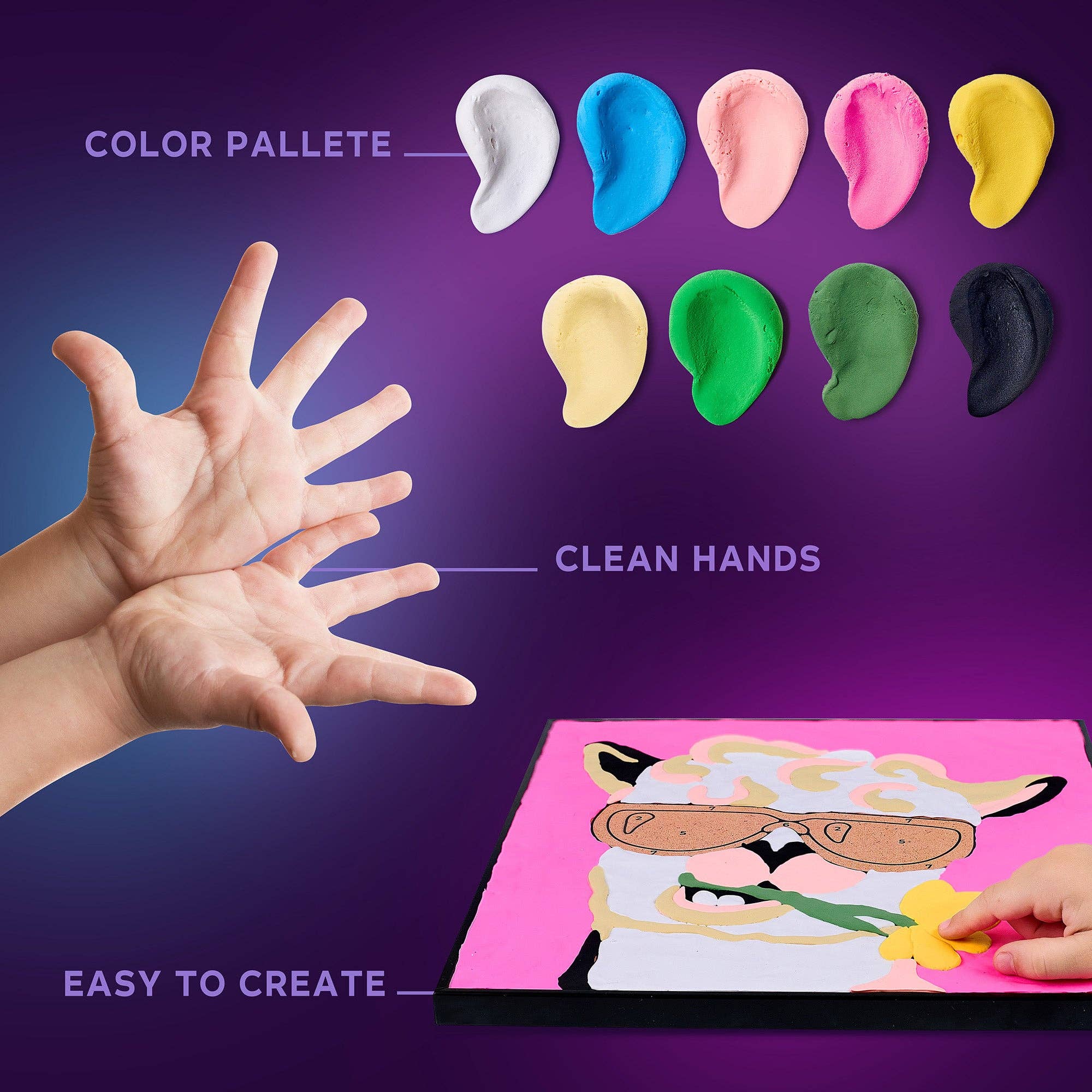 Color palette with playdough colors, a hand, and a child's hands holding playdough on a purple background.