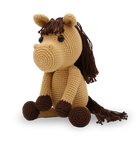 Crocheted horse toy with brown mane and legs on a white background