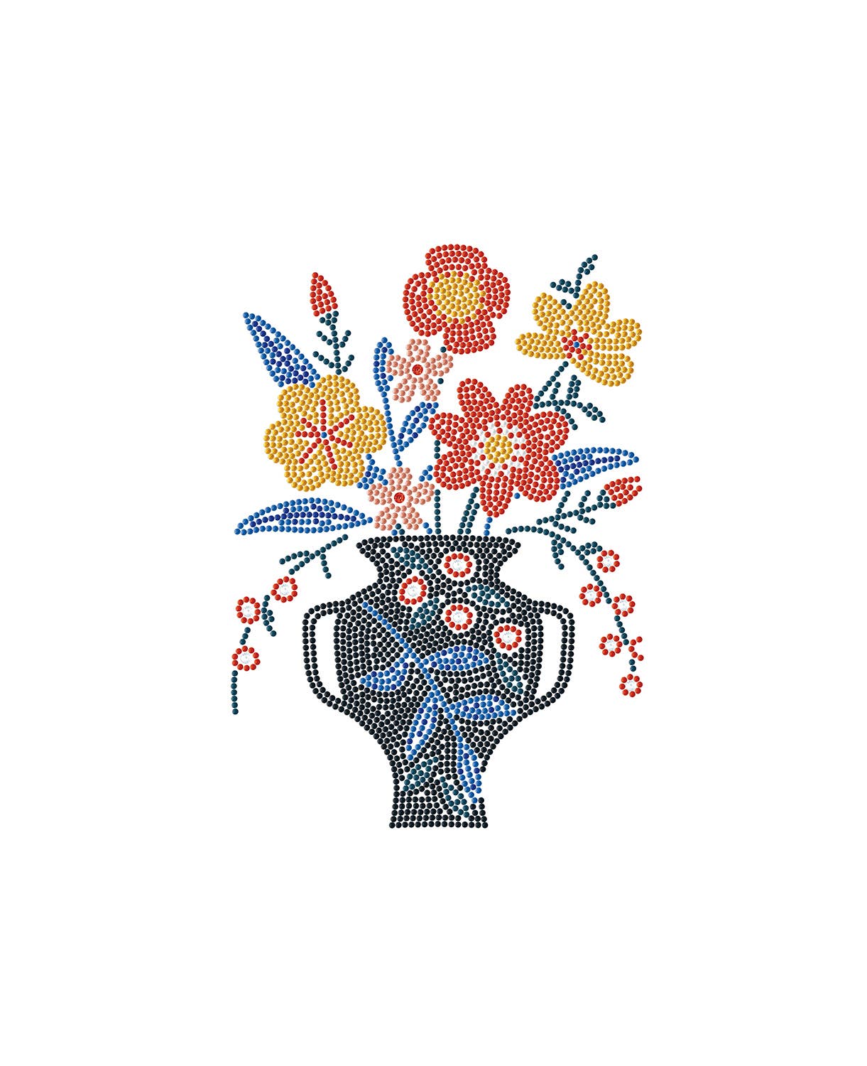 Decorative design of a vase with colorful flowers on a white background