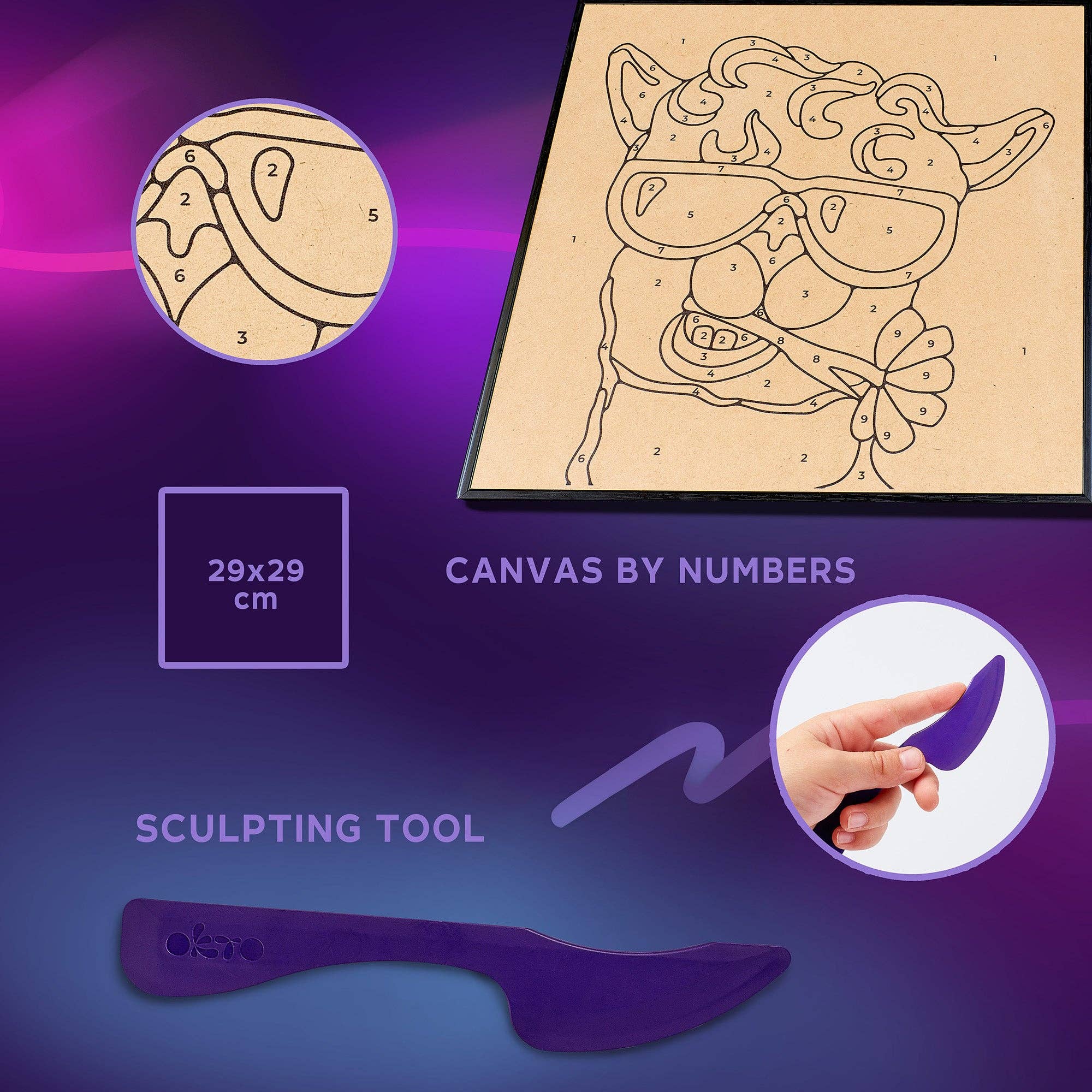 Canvas by numbers set with a sculpting tool on a purple gradient background