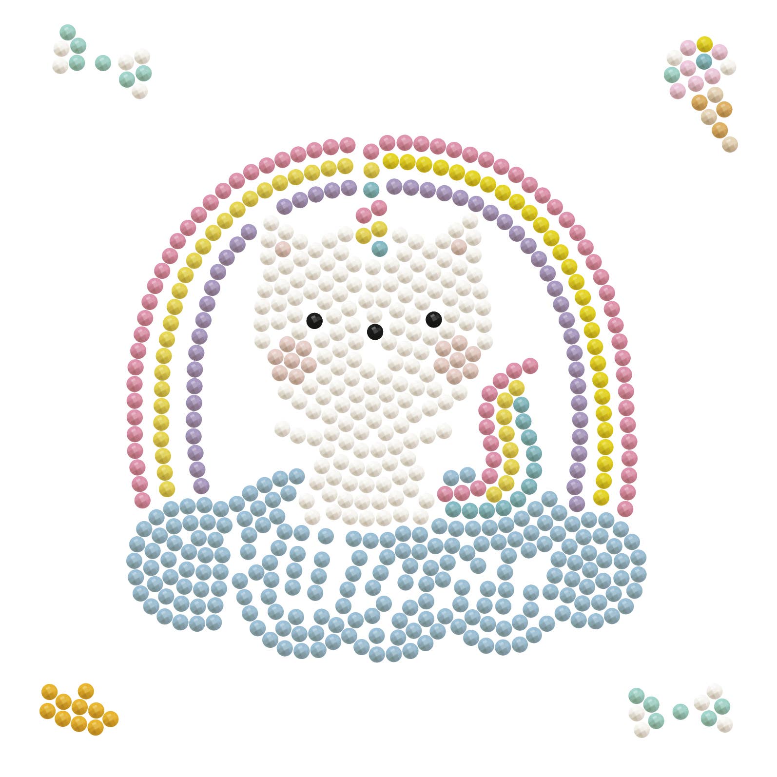 Colorful bead pattern of a cartoon character with a rainbow on a white background