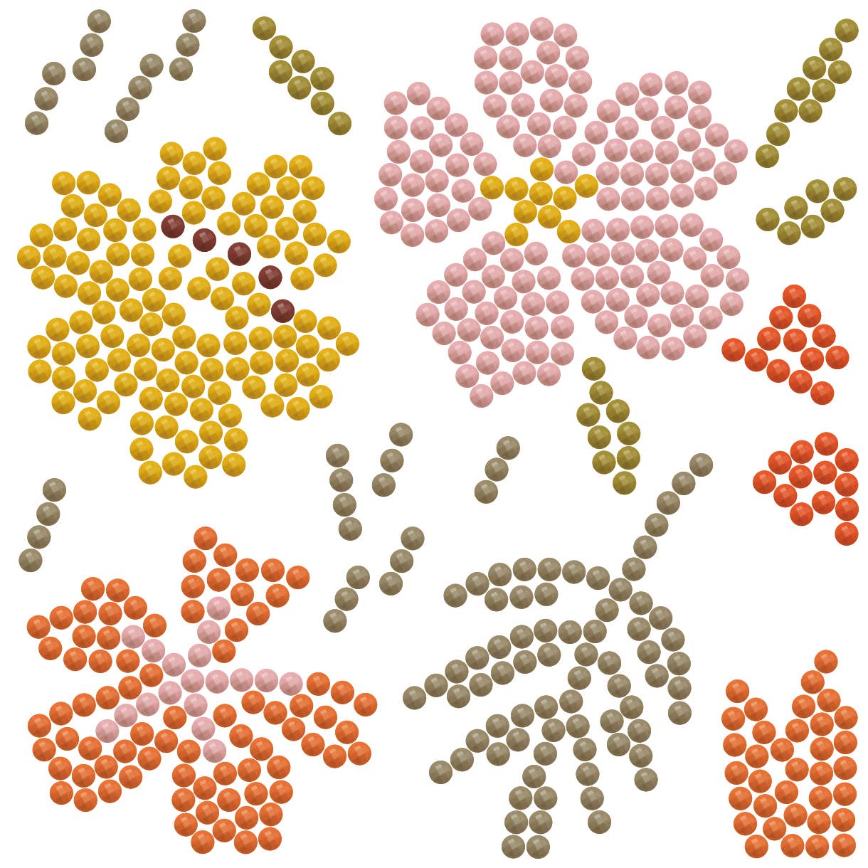 Colorful bead patterns arranged in flower shapes on a white background