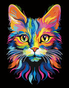 Colorful cat illustration with vibrant hues on a black background