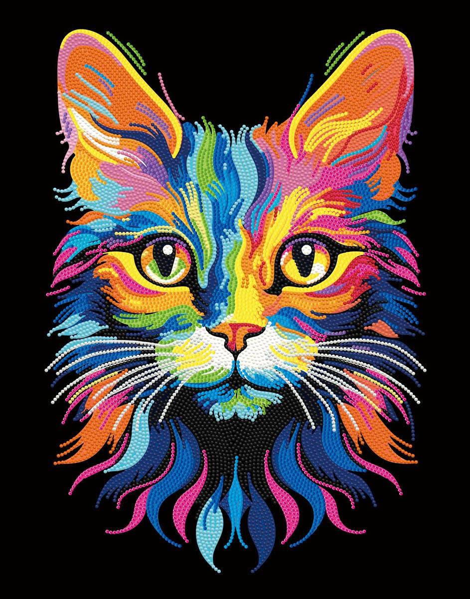Colorful cat illustration with vibrant hues on a black background