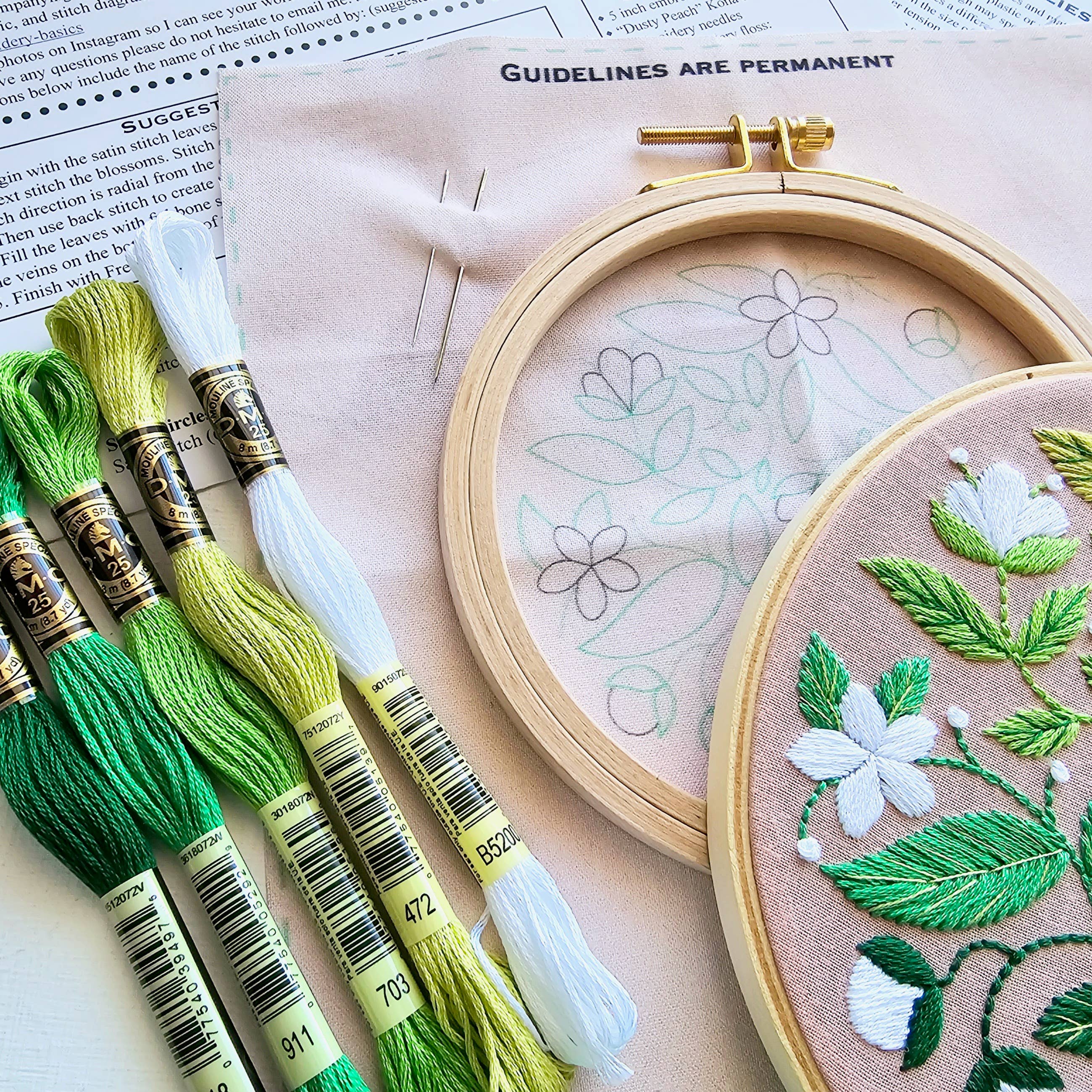 Embroidery hoops with floral patterns and embroidery threads on a surface with text.