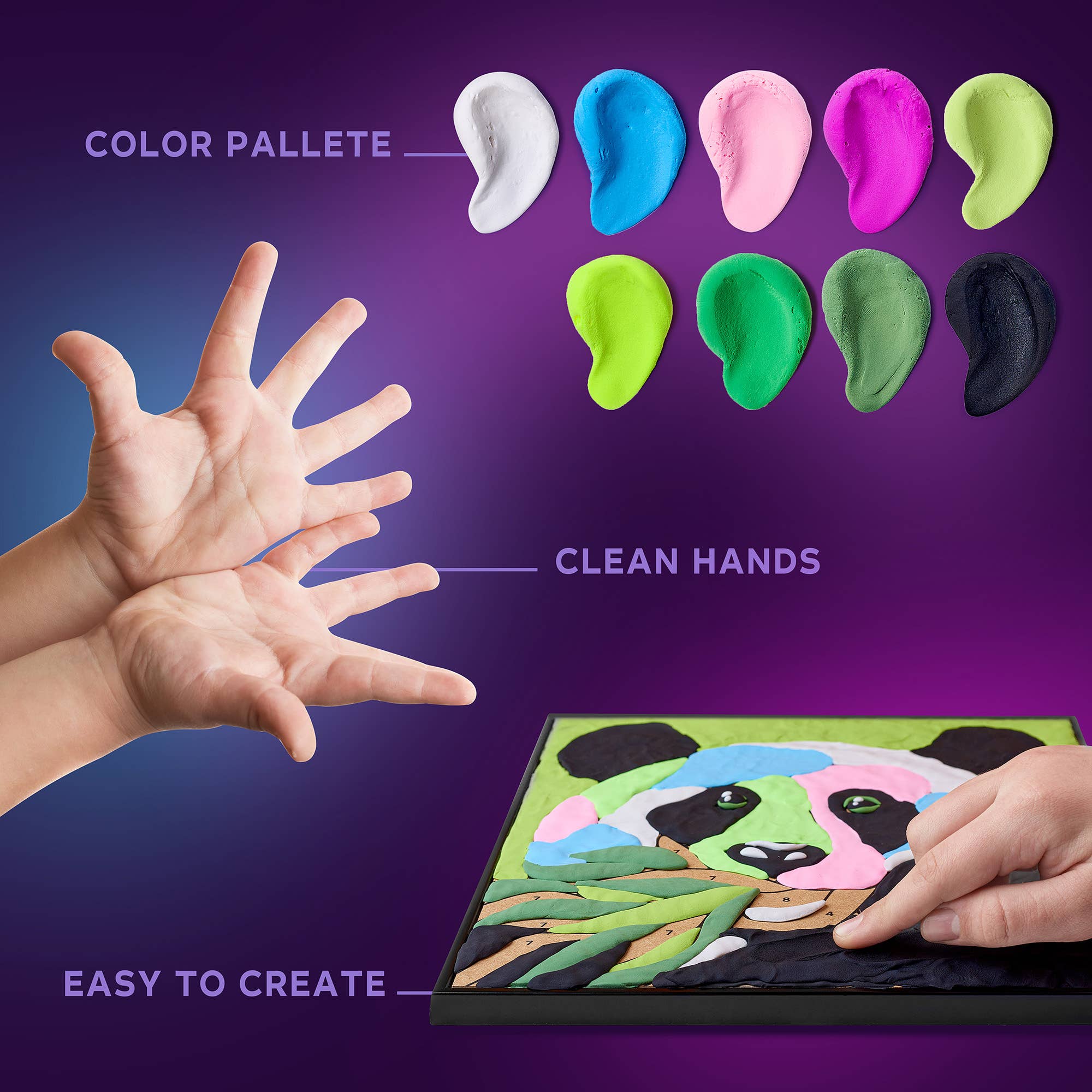 Color palette with clay colors, hands, and a painted panda on a purple background