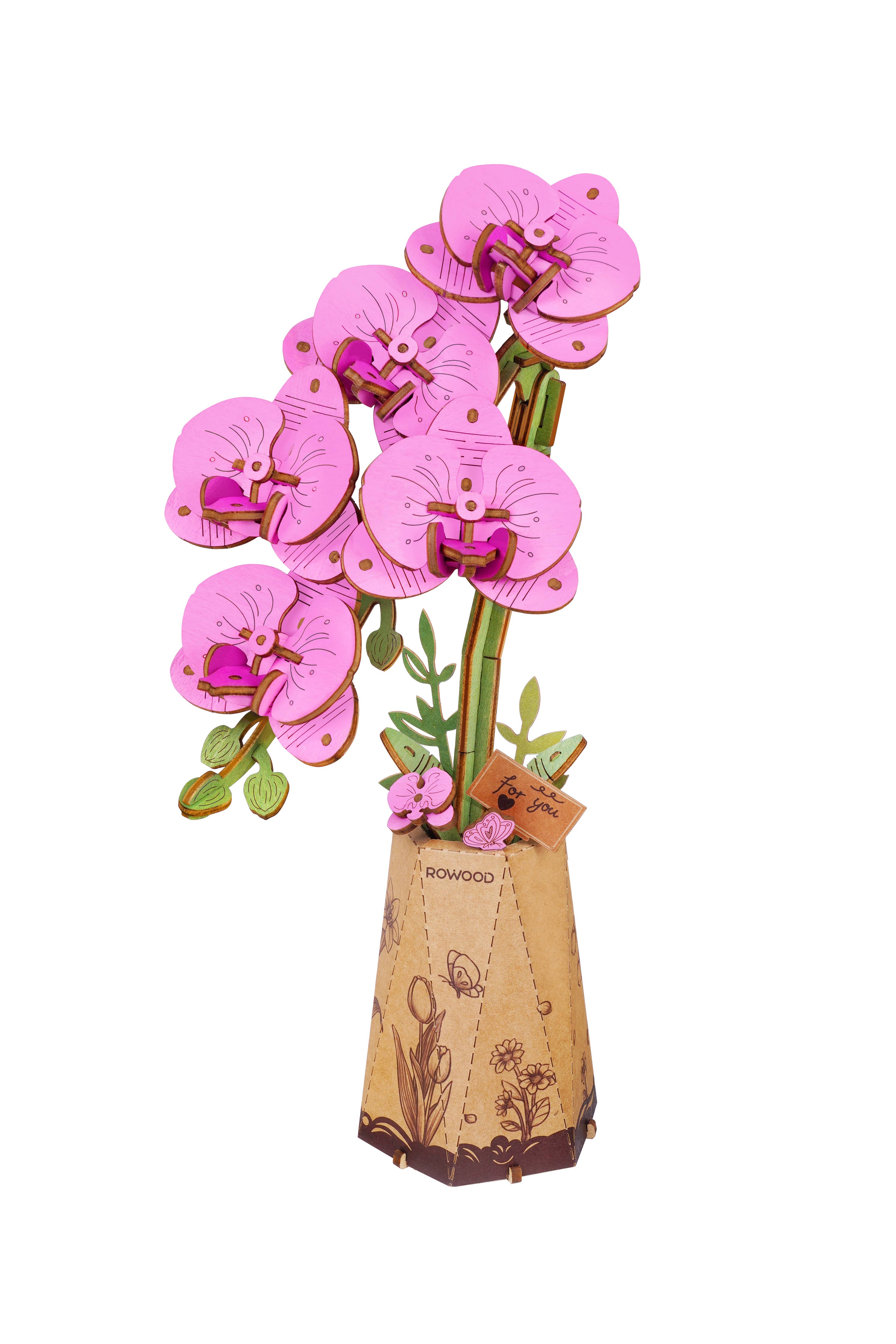 Card with pink orchids and a wooden vase on a white background