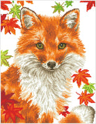 Cross-stitched design of a fox surrounded by autumn leaves on a white background