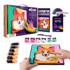 Okro sensory art kit with coloring book, markers, and a child's hand holding the book.