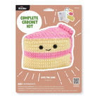 Crochet kit packaging for a cake-shaped toy with pink and yellow colors, featuring Bucilla branding.
