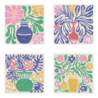 Four floral and pot designs in different colors on a white background